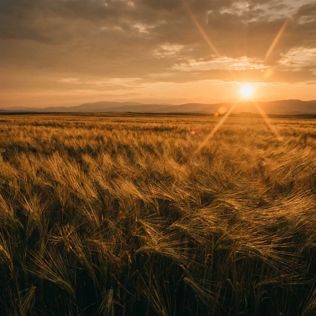 Golden barley field at sunset
