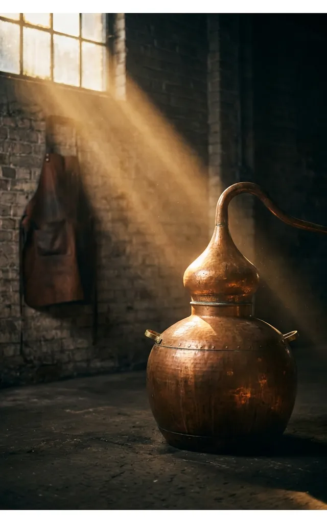 Copper pot still in a warehouse