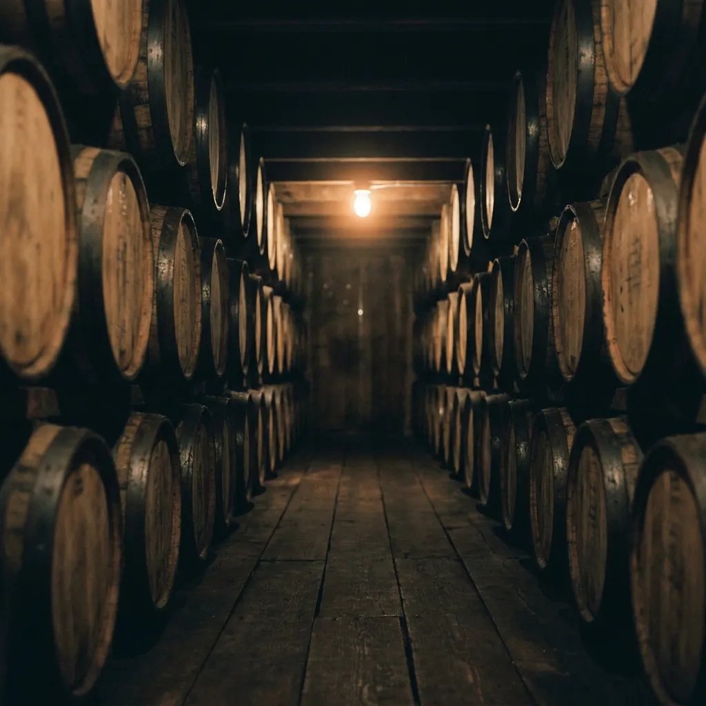 Aisle of oak whiskey barrels
