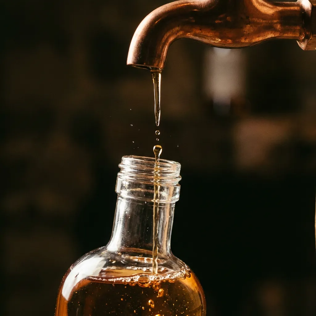 Whiskey filling a glass bottle