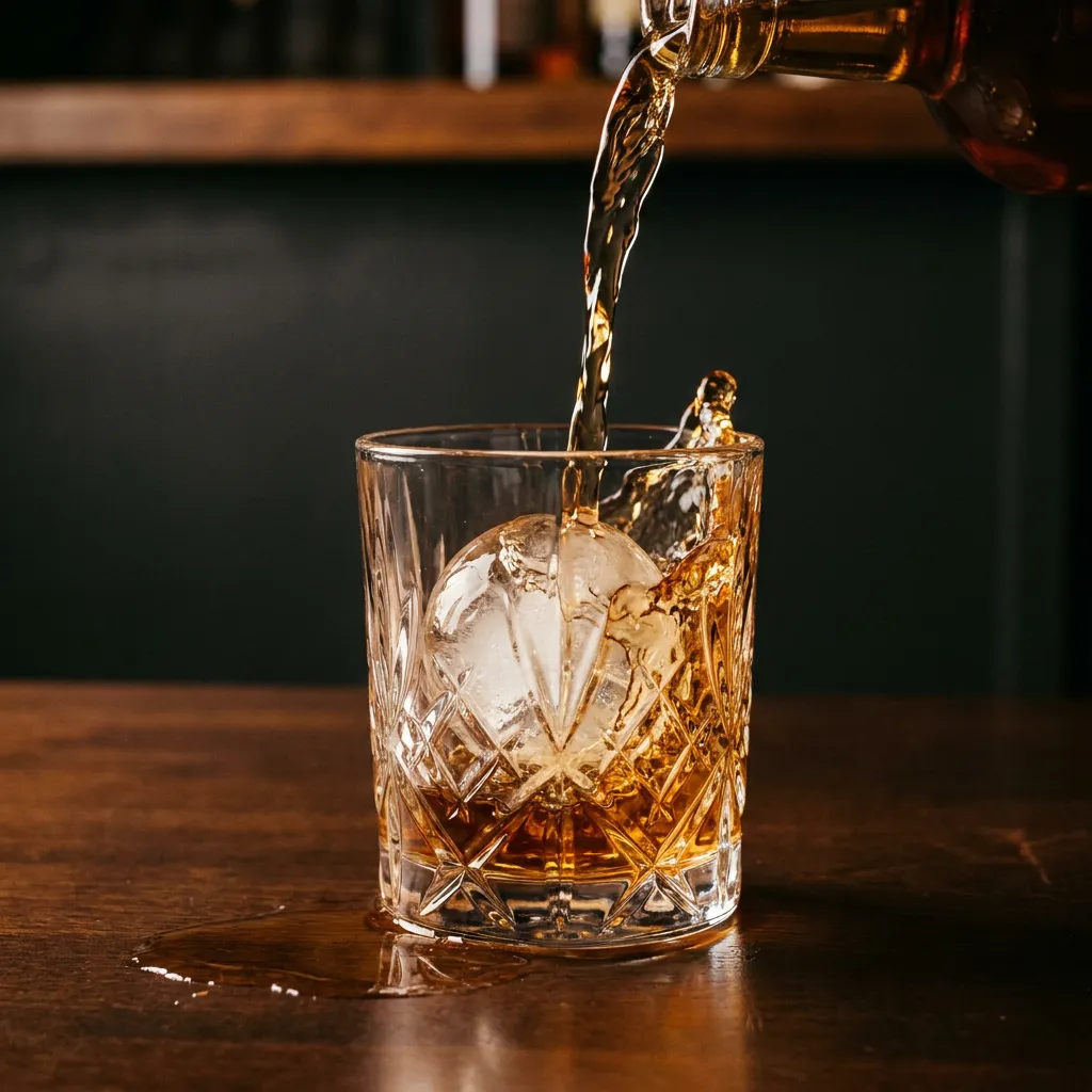 Whiskey pouring into rocks glass